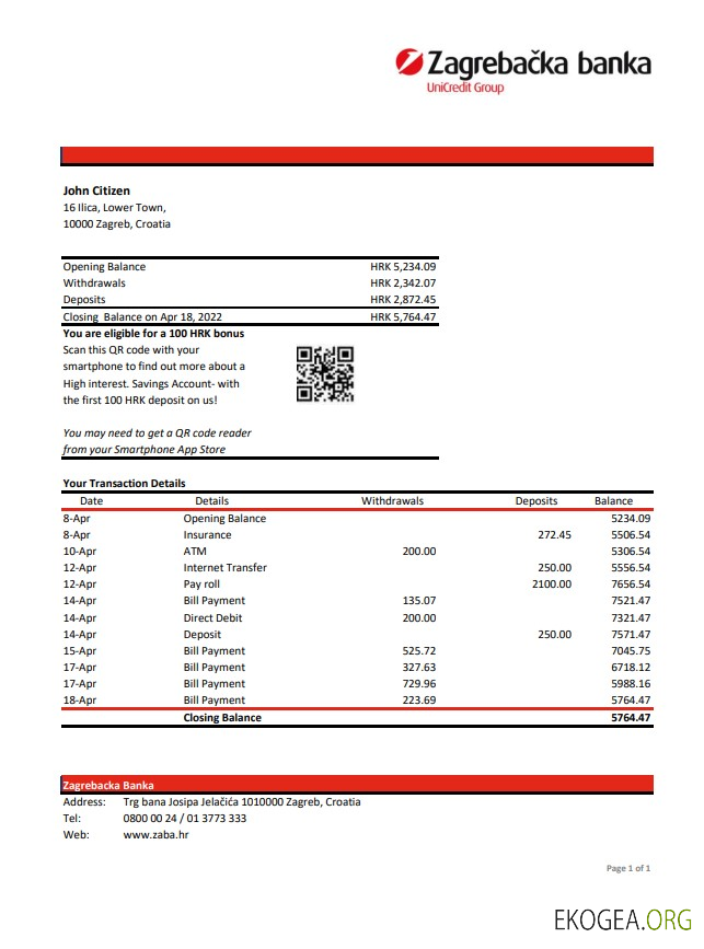 Croatie Zagrebačka Relevé bancaire xls